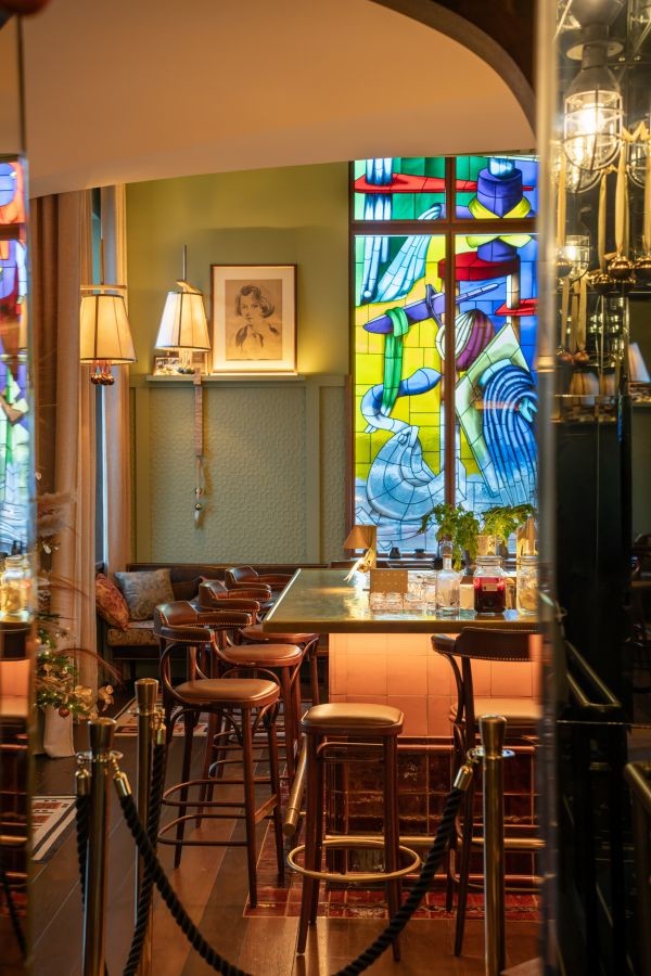 Spirits bar with stained glass background